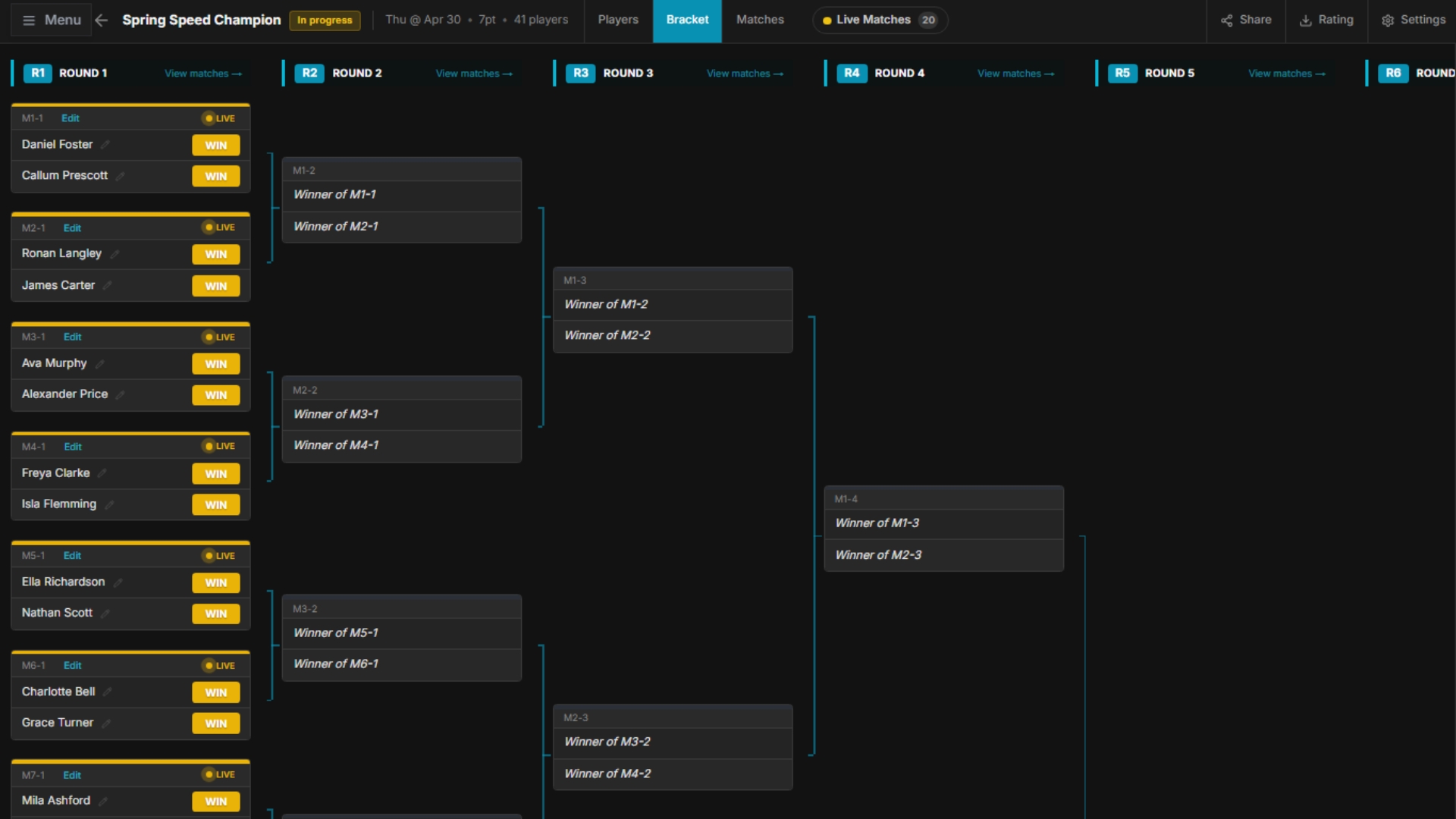 GG Arena bracket view — live tournament bracket with automatic routing