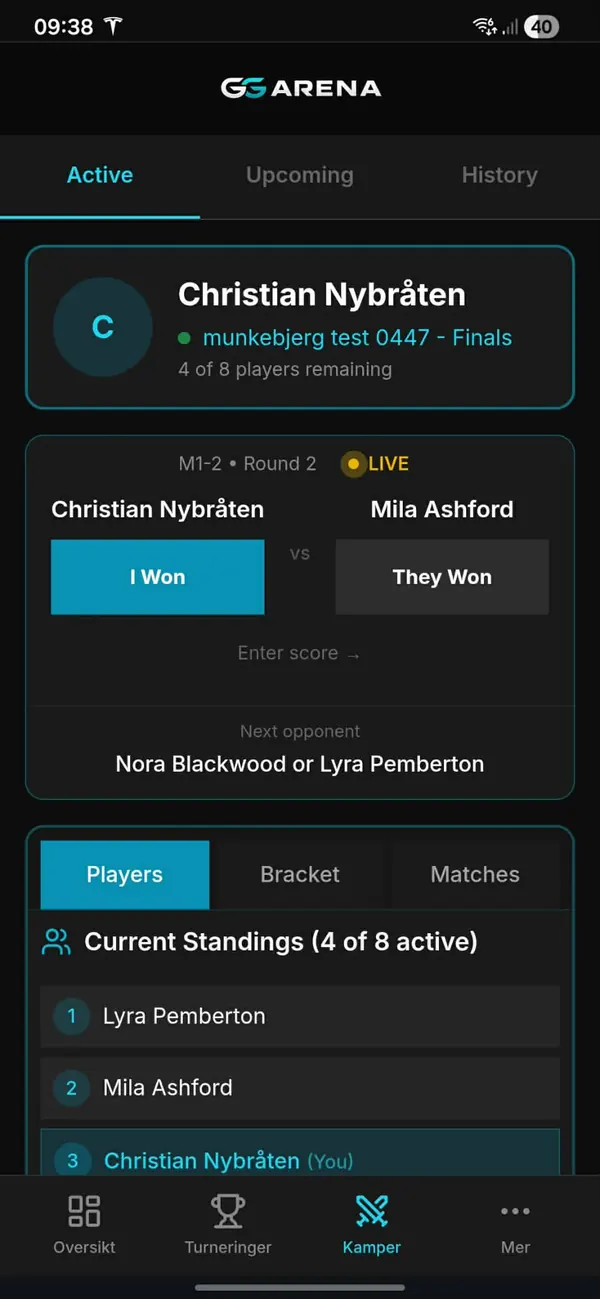 Player dashboard showing live match, score buttons, and standings