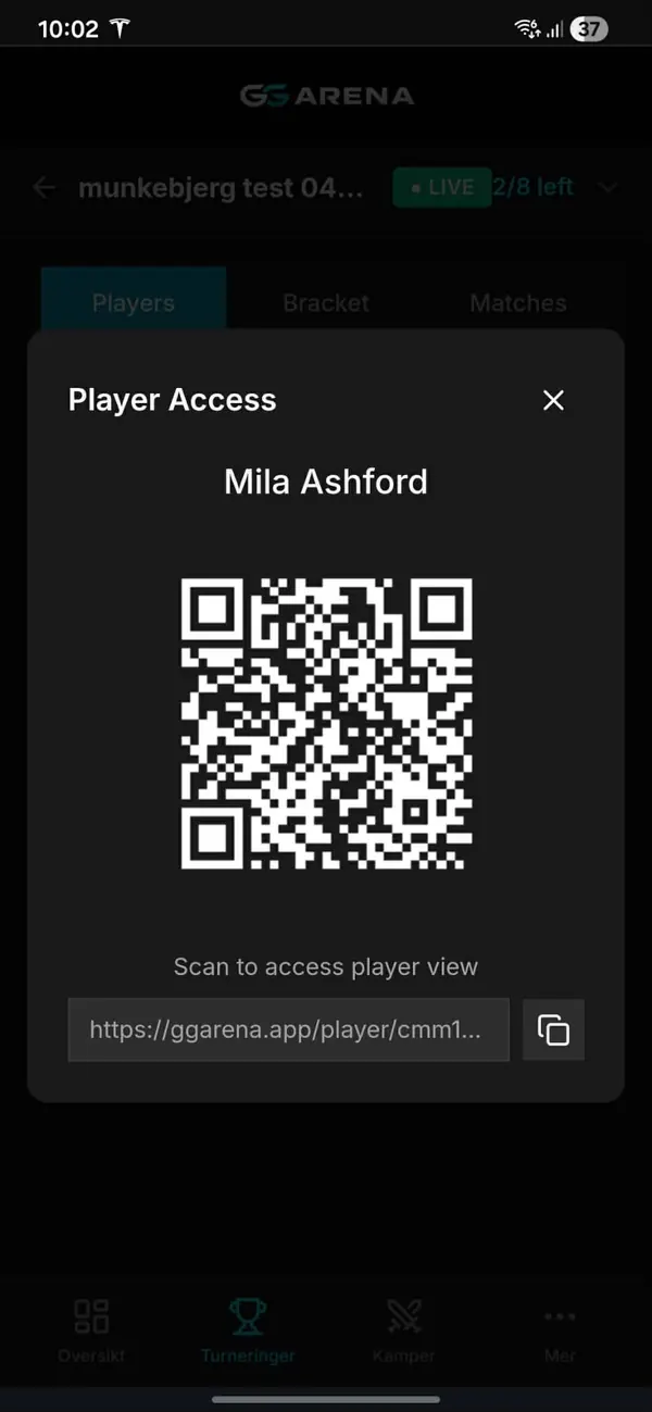 QR code player access — scan to join tournament